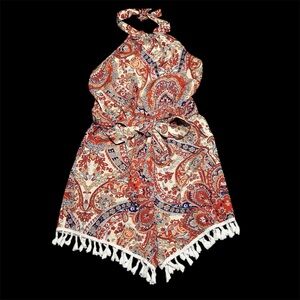 PAISLEY HALTER ROMPER tassel trim coastal boho resort fairy